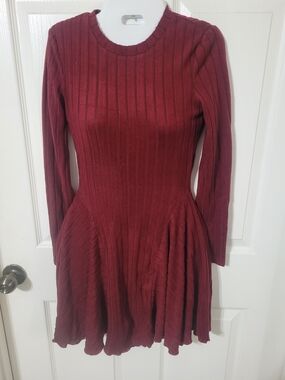 SHEIN Ribbed Long-Sleeve Fit & Flare Dress in Burgundy Red